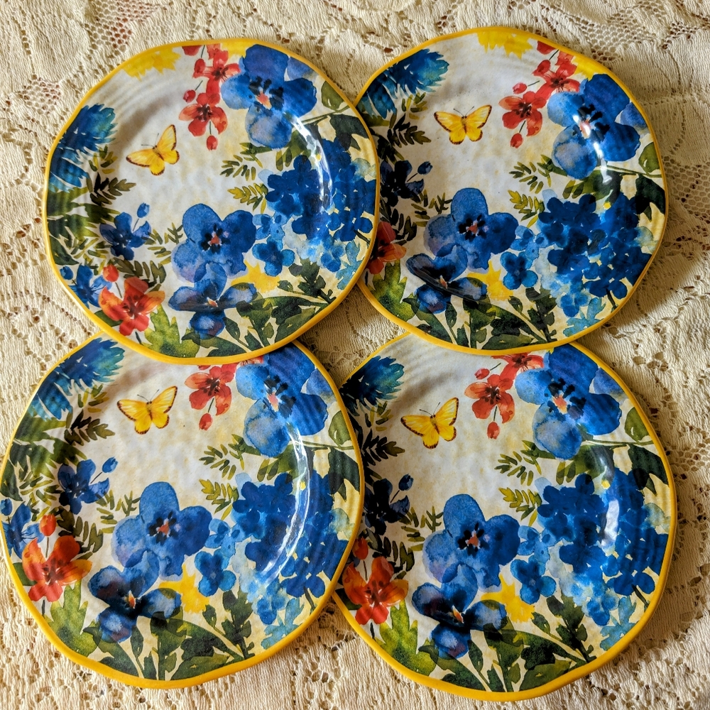 Pier 1 Butterfly Floral Salad Plate Melamine 8.75 BPA Free 4 PC Yellow Blue New